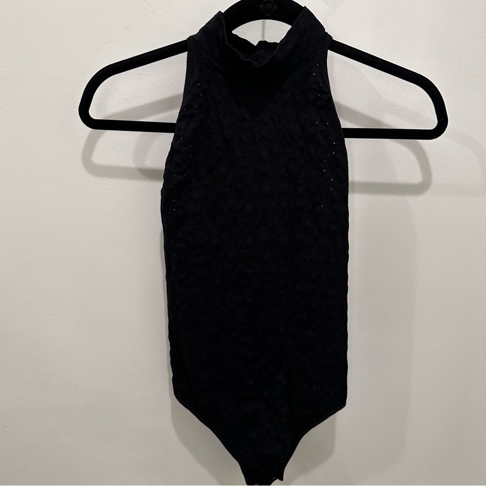 Free People Perforated High Neck Black Bodysuit